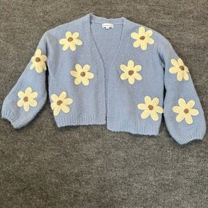 Threaded Leaf Daisy Cardigan Large Blue Floral Knit Cropped Sweater